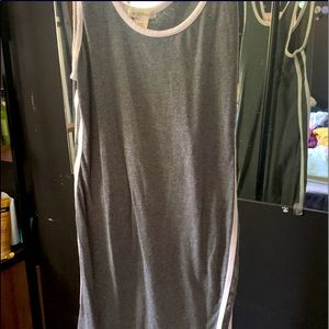 Grey dress with white stripes down the sides.